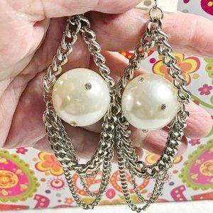 Boho Earrings Drop Large Pearl Silver Tassels Long